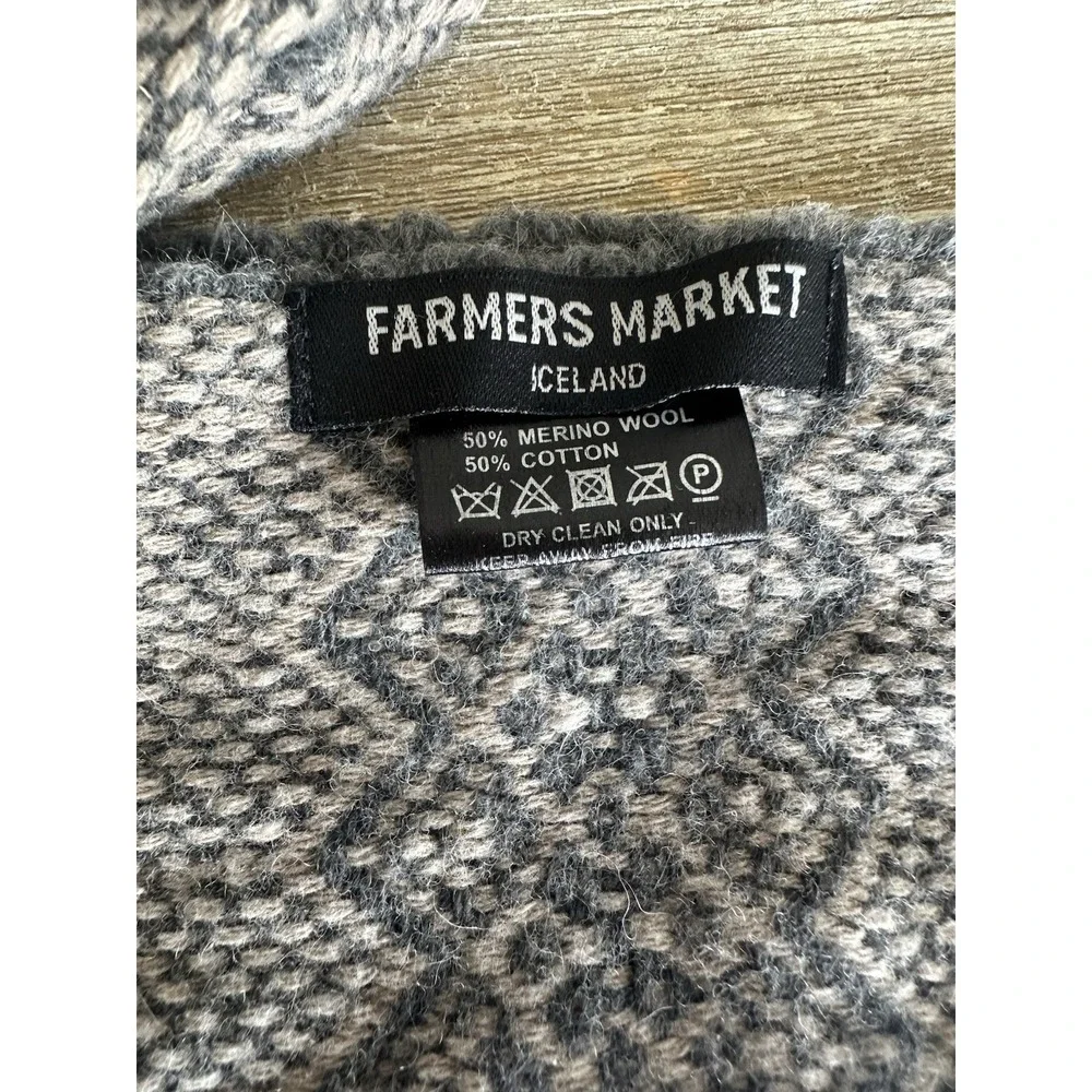 Iceland Made Wool Cotton Scarf Fair Isle Knit Winter Grey Fringe 10